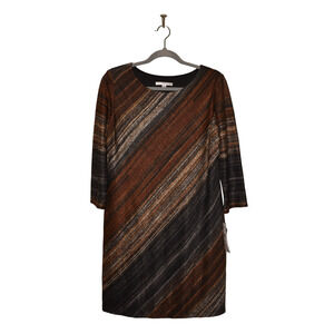 STUDIO ONE NY NEW $60 Knit Striped 3/4 Sleeve Shift Dress Brown Size 12P‎